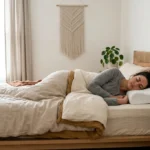 A woman sleeping comfortably on her side in a boho-style bedroom, using a white ergonomic cervical pillow that keeps her neck and spine in a neutral, straight alignment.